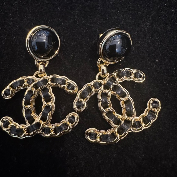 CHANEL Jewelry - Chanel Gold and Black Tweed Interlock CC Earrings